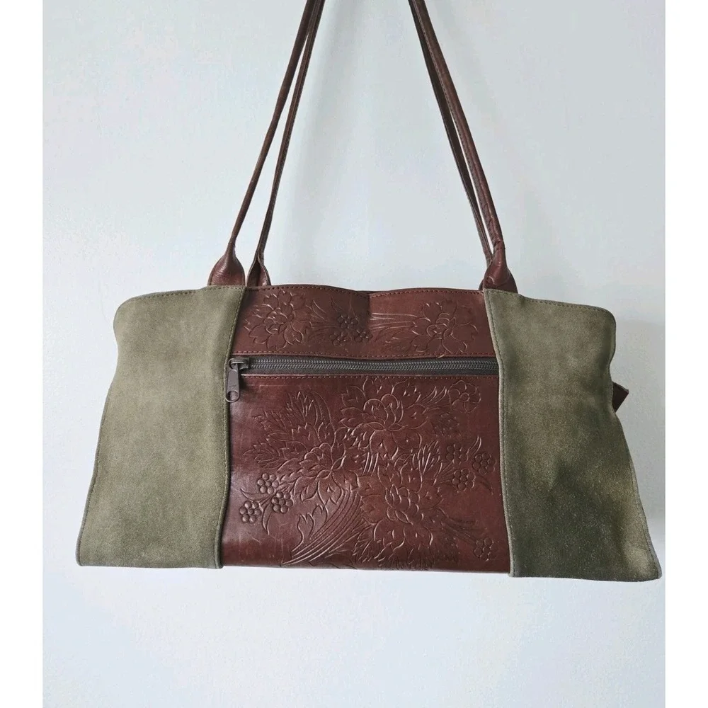 Leaders in Leather Purse Tooled Brown Leather‎ Green Suede Bag Floral Pattern